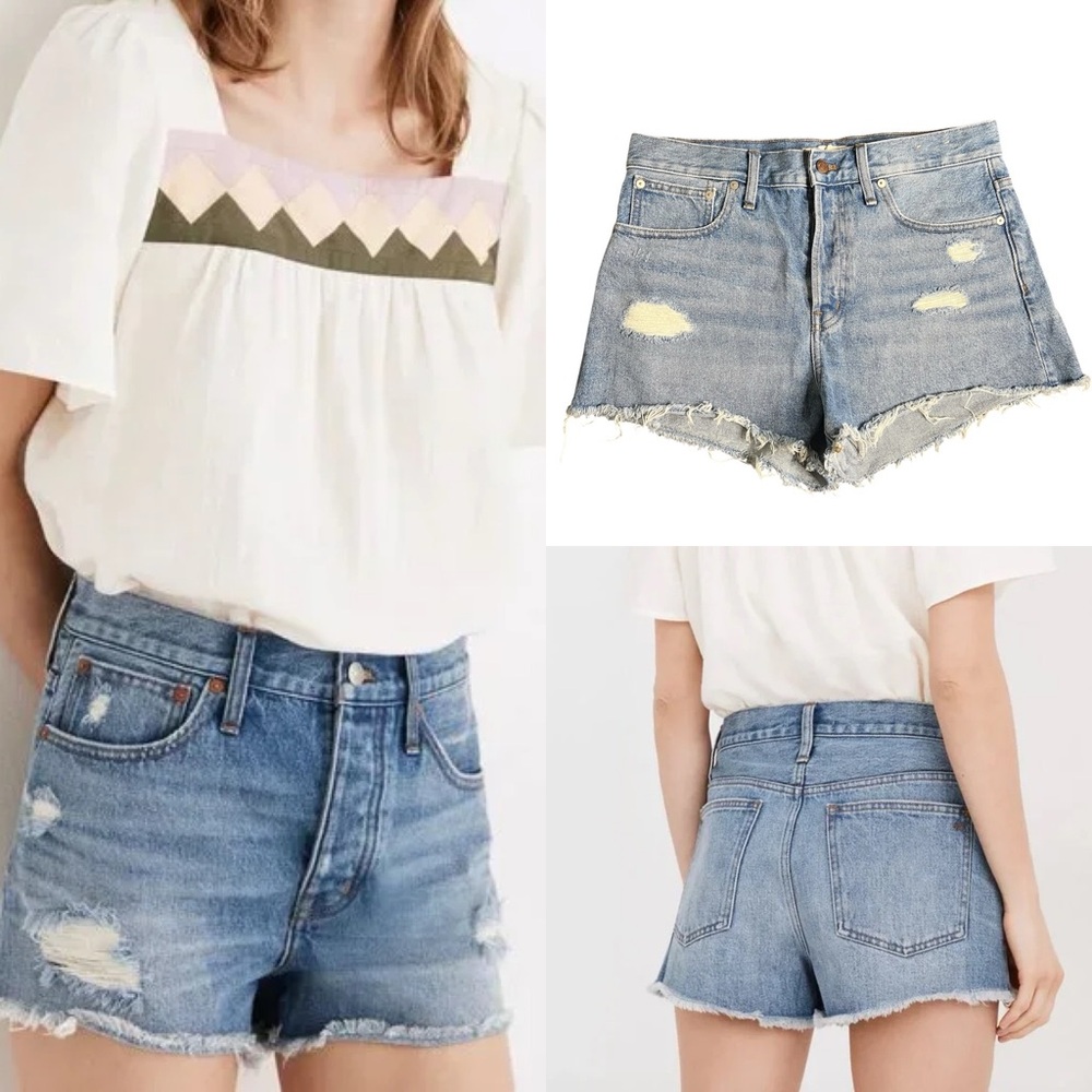 Madewell Relaxed Fit Medium Wash Blue Distressed Jean Shorts 29 Button Fly